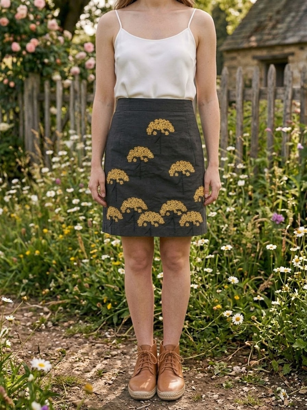Floreat for Anthropologie pencil skirt embroidered yellow flowers size 2